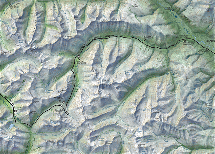 Colored Pencil hand-drawn map of area in North Cascades