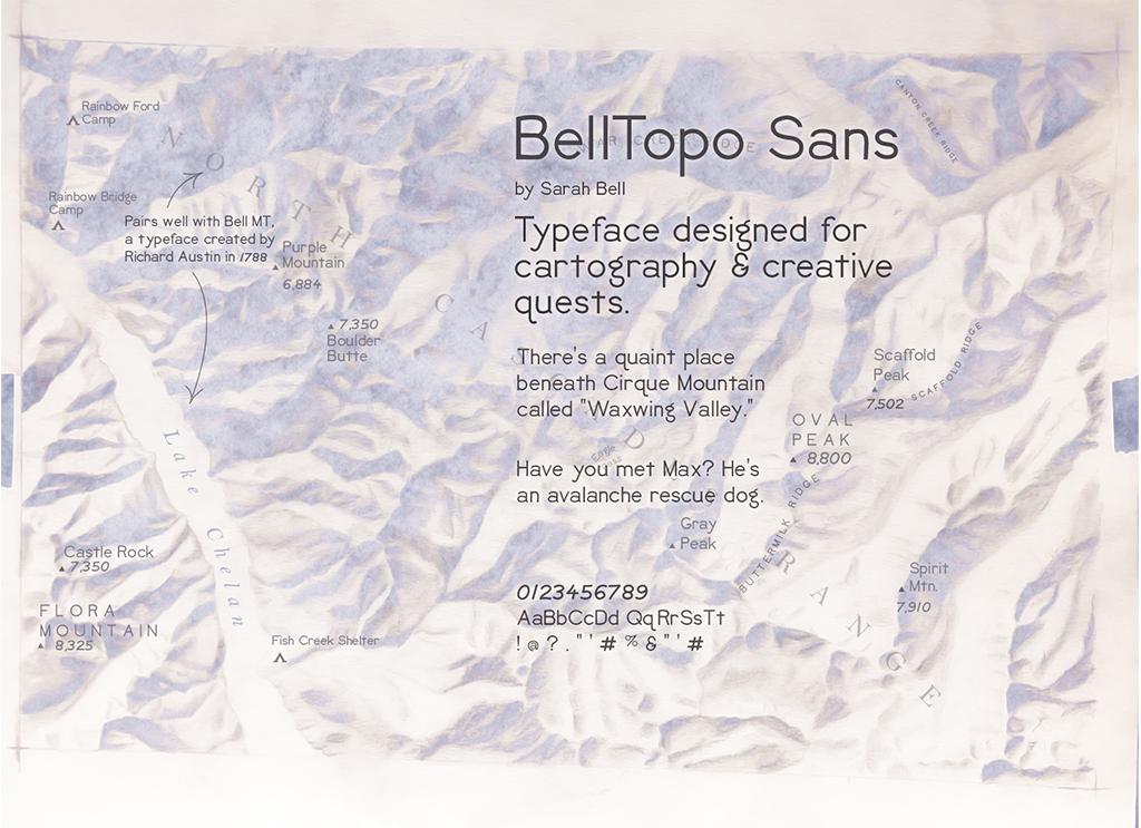 hillshade map with sample of typeface throughout