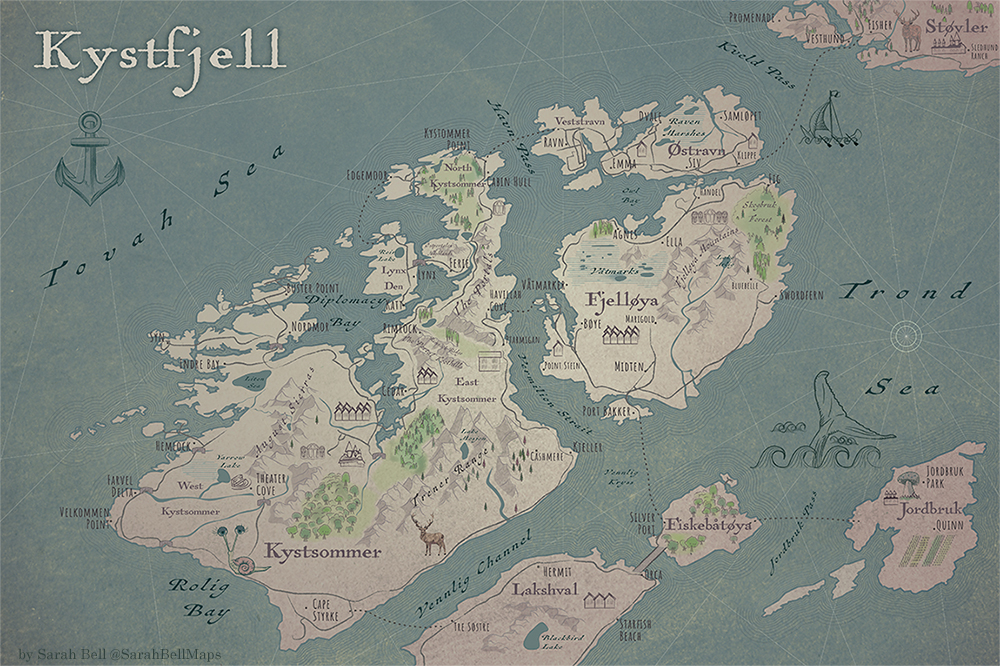 Full view fantasy map of land called Kystfjell