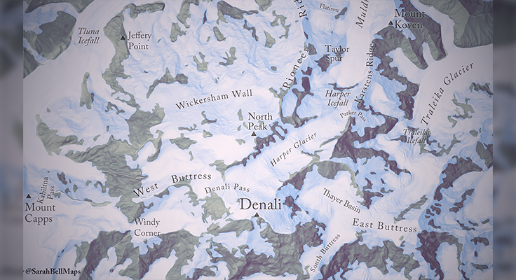 section of map near Denali Peak in Alaska, USA