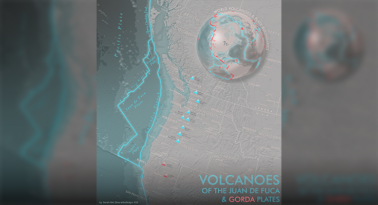 Volcanoes and tectonic boundaries of the Juan De Fuca and Gorda plates, map