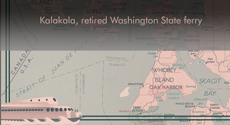 The Kalakala art deco era ferry graphic design element on art deco monochrome map