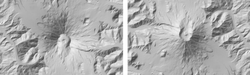 Mount Saint Helens digital shaded relief, one flipped upside-down to show optical illusion