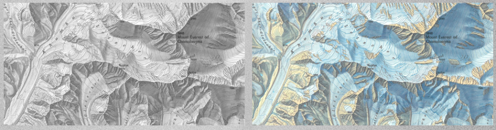 side-by-side copies of Eduard Imhoff's Everest topo hillshade. Left copy is desaturated, right is full color. 
